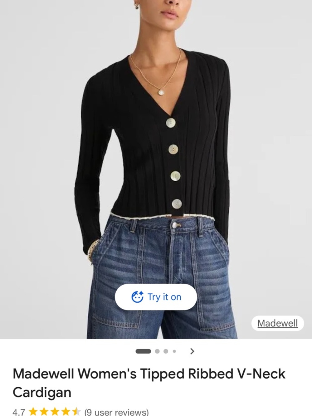 Madewell Black Ribbed V-Neck Cardigan with Contrast Edge